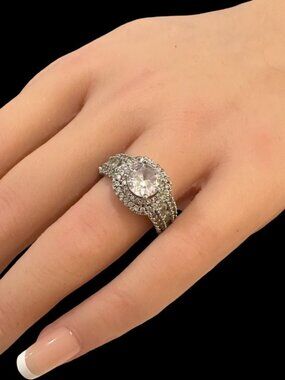 Vintage Ring Silver Tone Halo Pave Band Design Size 7.5